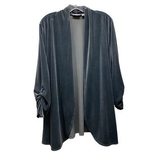 SUSAN GRAVER Velvet Ruched Sleeves Open Front Cardigan Blue 2X